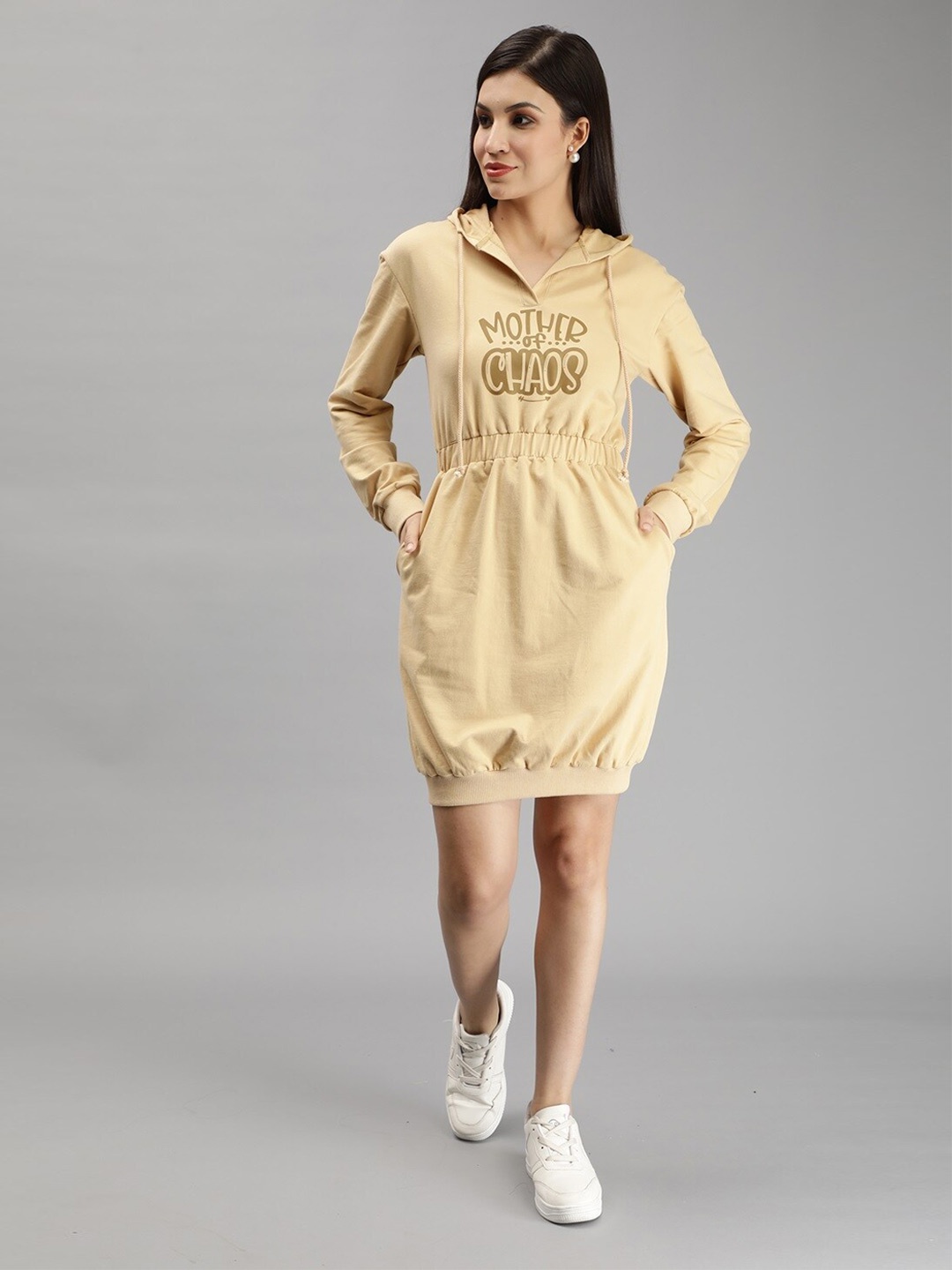 

Miga by Shaberry Typography Printed Hooded Sheath Dress, Beige