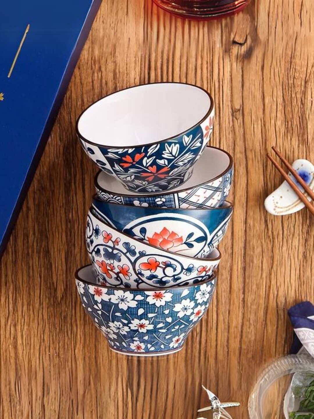 

YELONA White & Blue 6 Pieces Floral Printed Porcelain Glossy Bowls - 300 ML Each