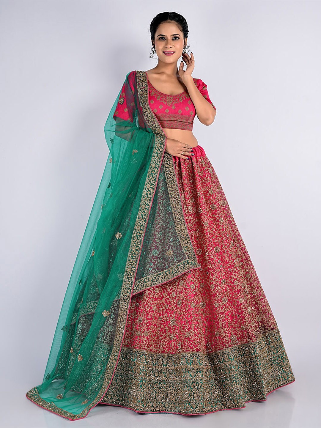 

HALFSAREE STUDIO Embroidered Net Semi-Stitched Lehenga & Unstitched Blouse With Dupatta, Red