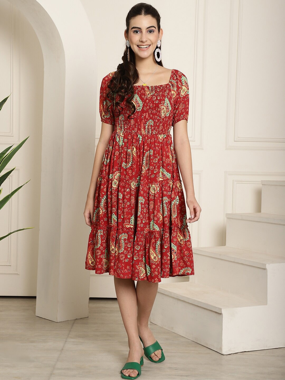 

Aawari Ethnic Motifs Printed Square Neck Puff Sleeves Gathered Detailed Fit & Flare Dress, Red