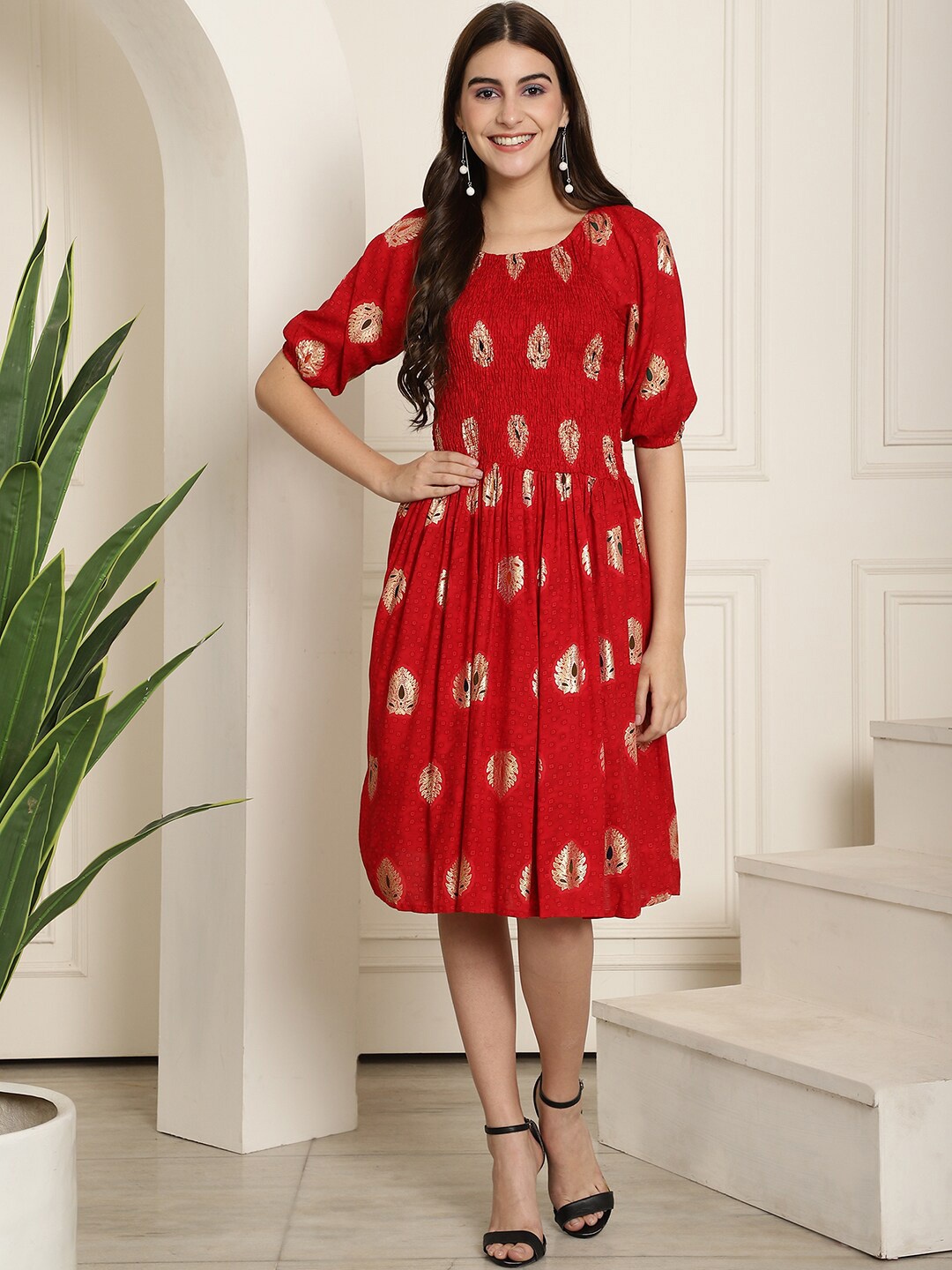 

Aawari Ethnic Motifs Printed Round Neck Puff Sleeve Smocked Fit & Flare Dress, Red