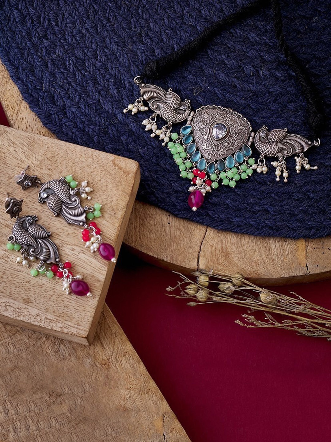 

ATIBELLE Silver-Plated Stone-Studded & Beaded Peacock-Floral Shaped Jewellery Set