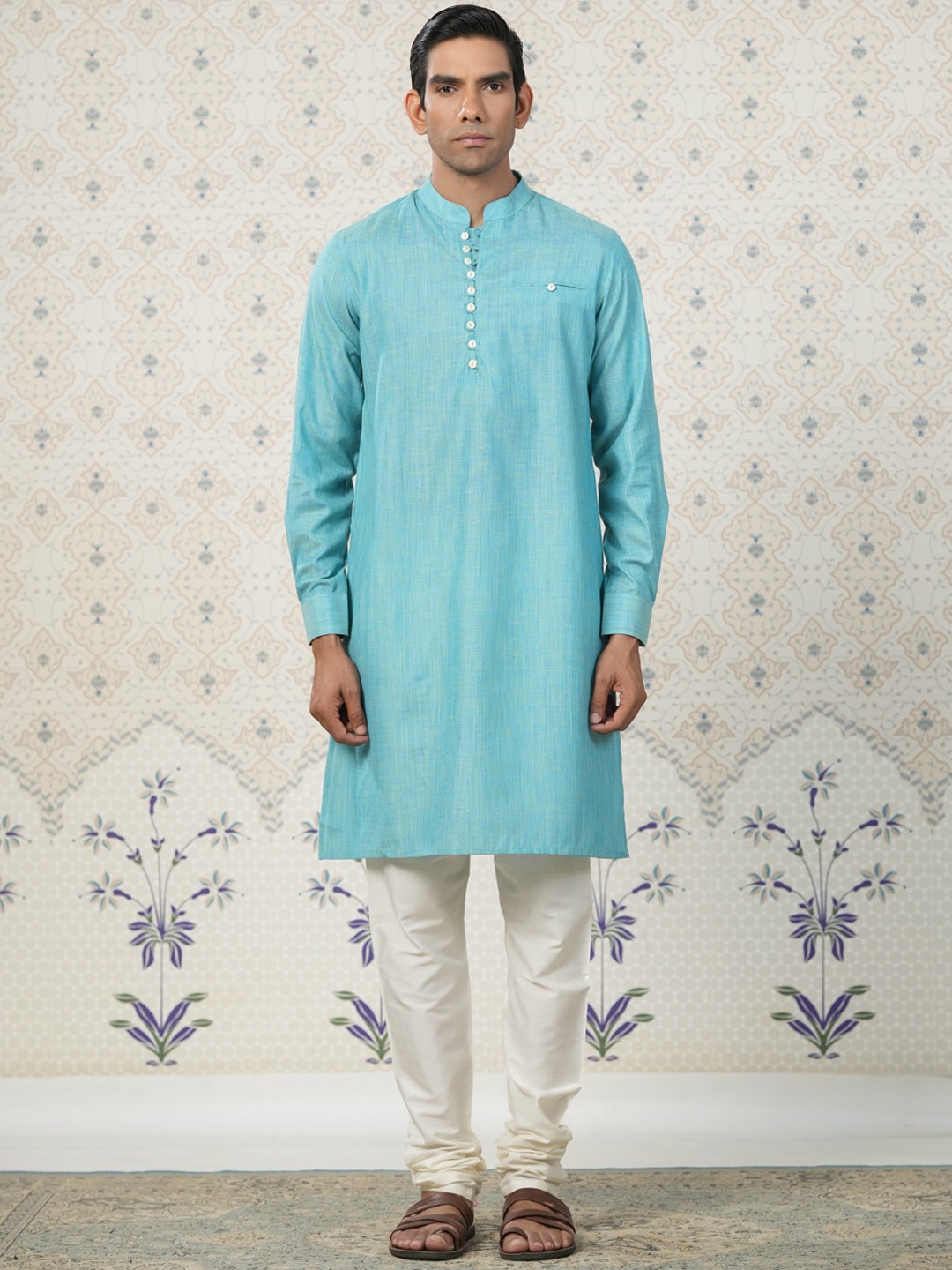 

Ode by House of Pataudi Mandarin Collar Straight Kurta, Blue