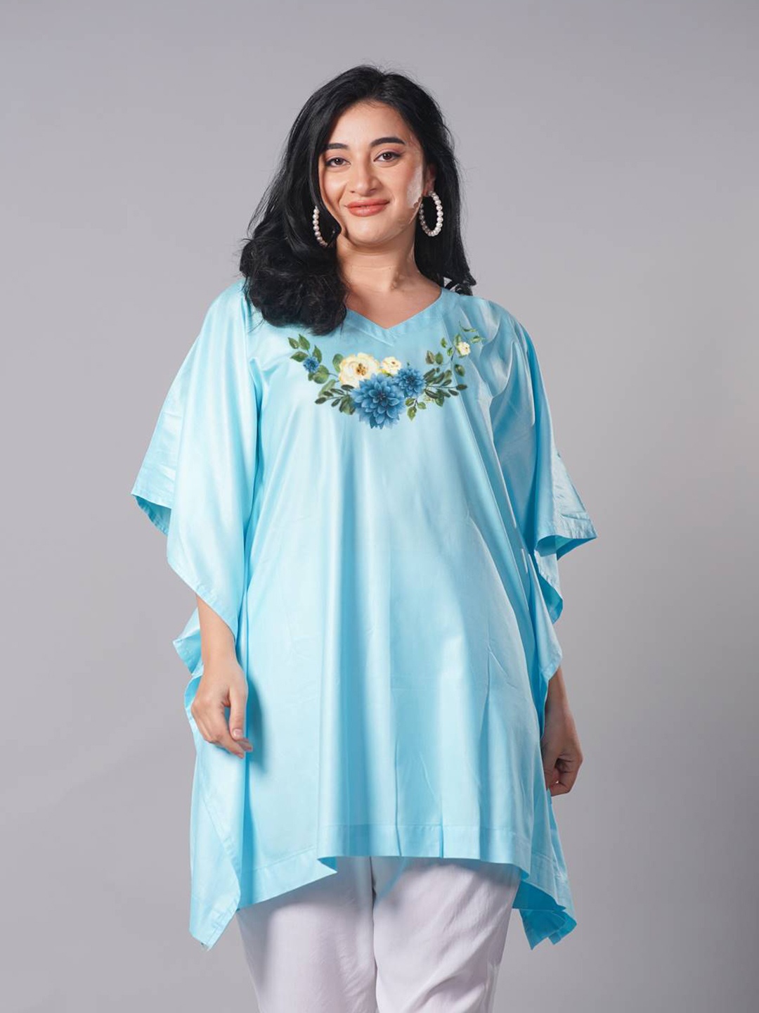 

LetsDressUp Floral Printed Extended Sleeves Kaftan Kurta, Blue