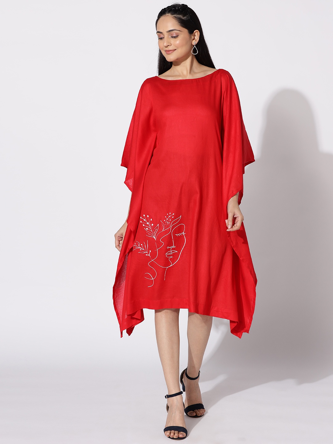 

LetsDressUp Graphic Printed Extended Sleeves Kaftan Midi Dress, Red