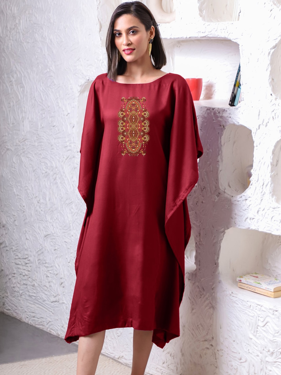 

LetsDressUp Ethnic Motifs Printed Kaftan Dress, Maroon