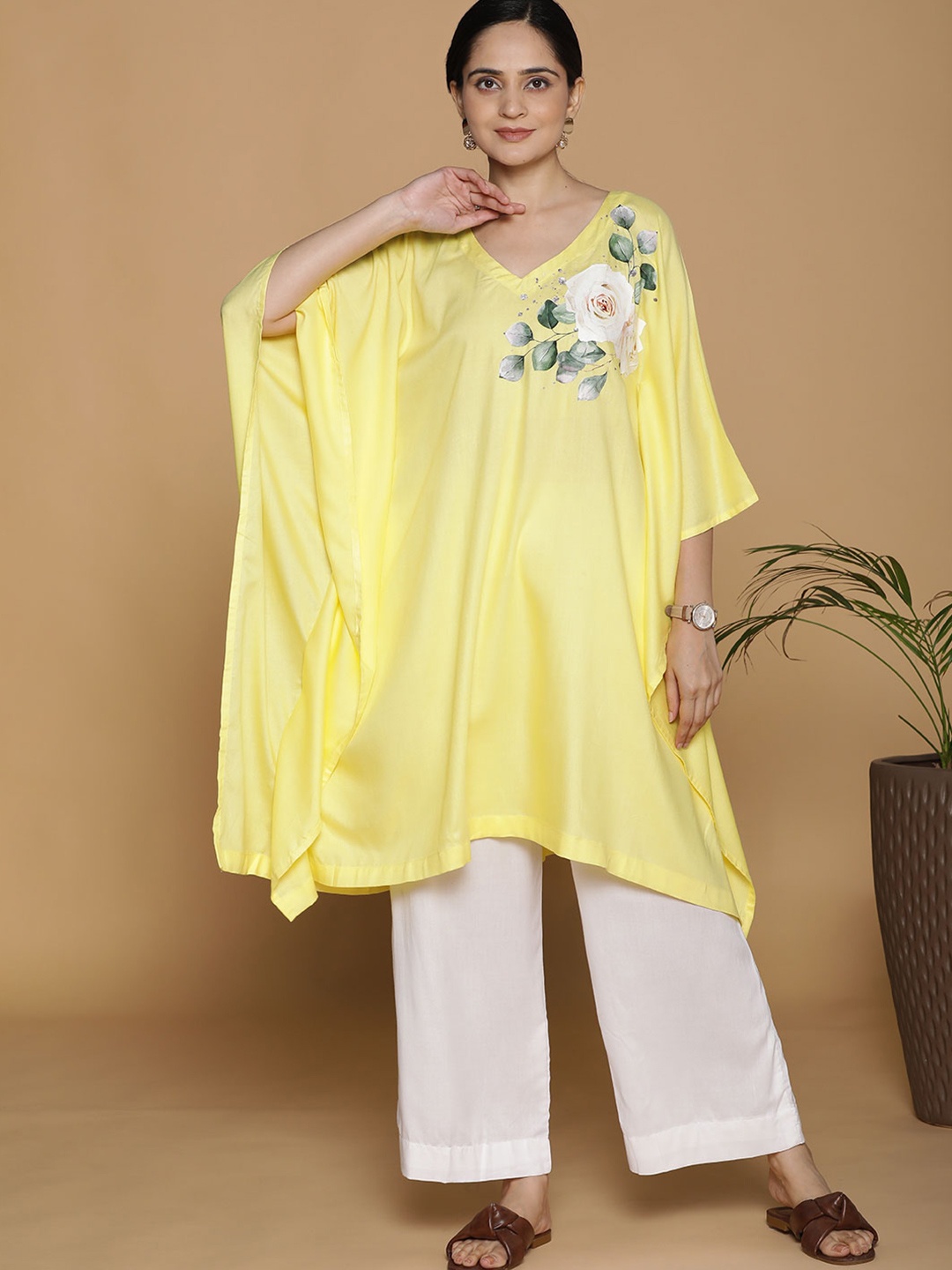 

LetsDressUp Floral Printed Extended Sleeves Kaftan Tunic, Yellow