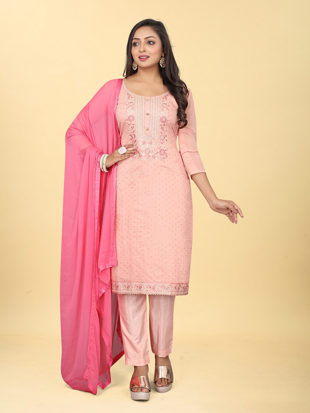 

TAVAS Floral Embroidered Sequinned Unstitched Dress Material, Pink