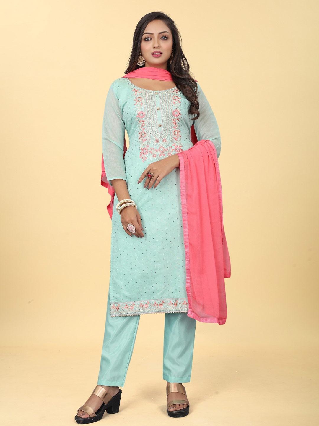 

TAVAS Floral Embroidered Sequinned Unstitched Dress Material, Sea green