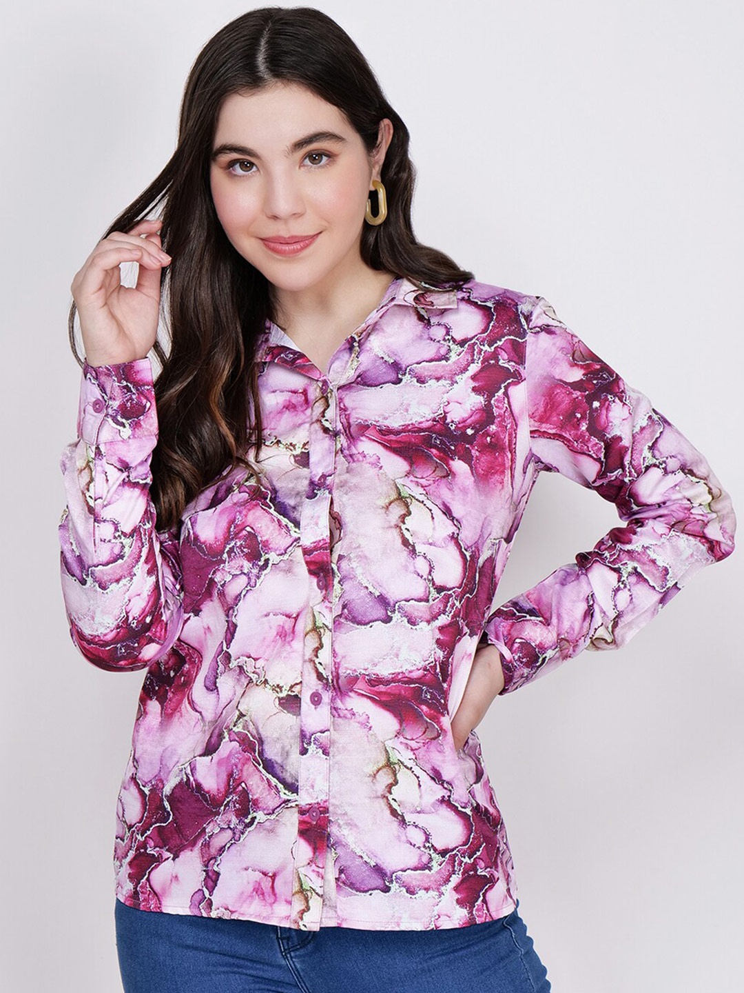 

CHARMGAL Classic Abstract Printed Opaque Casual Shirt, Pink