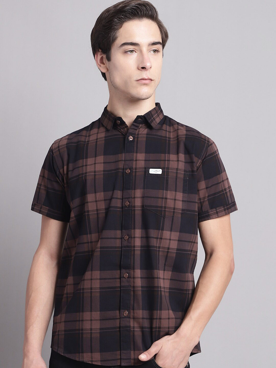 

Majestic Man Brown Classic Slim Fit Tartan Checked Pure Cotton Casual Shirt, Coffee brown