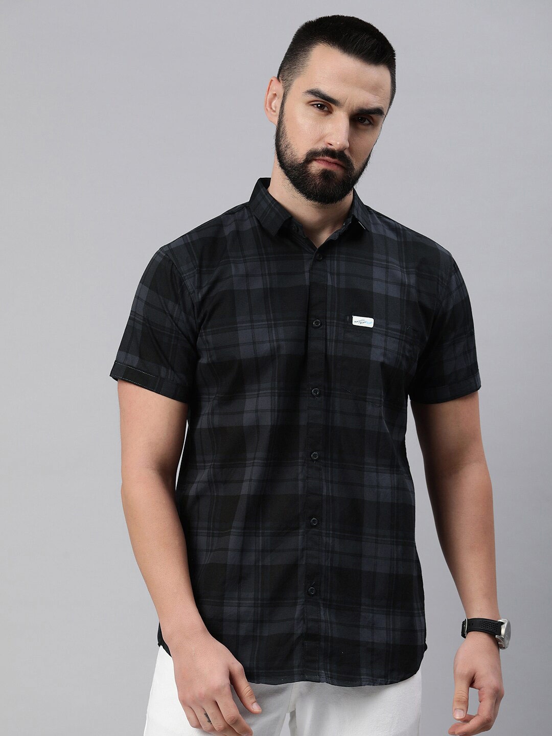 

Majestic Man Classic Slim Fit Tartan Checked Pure Cotton Casual Shirt, Grey
