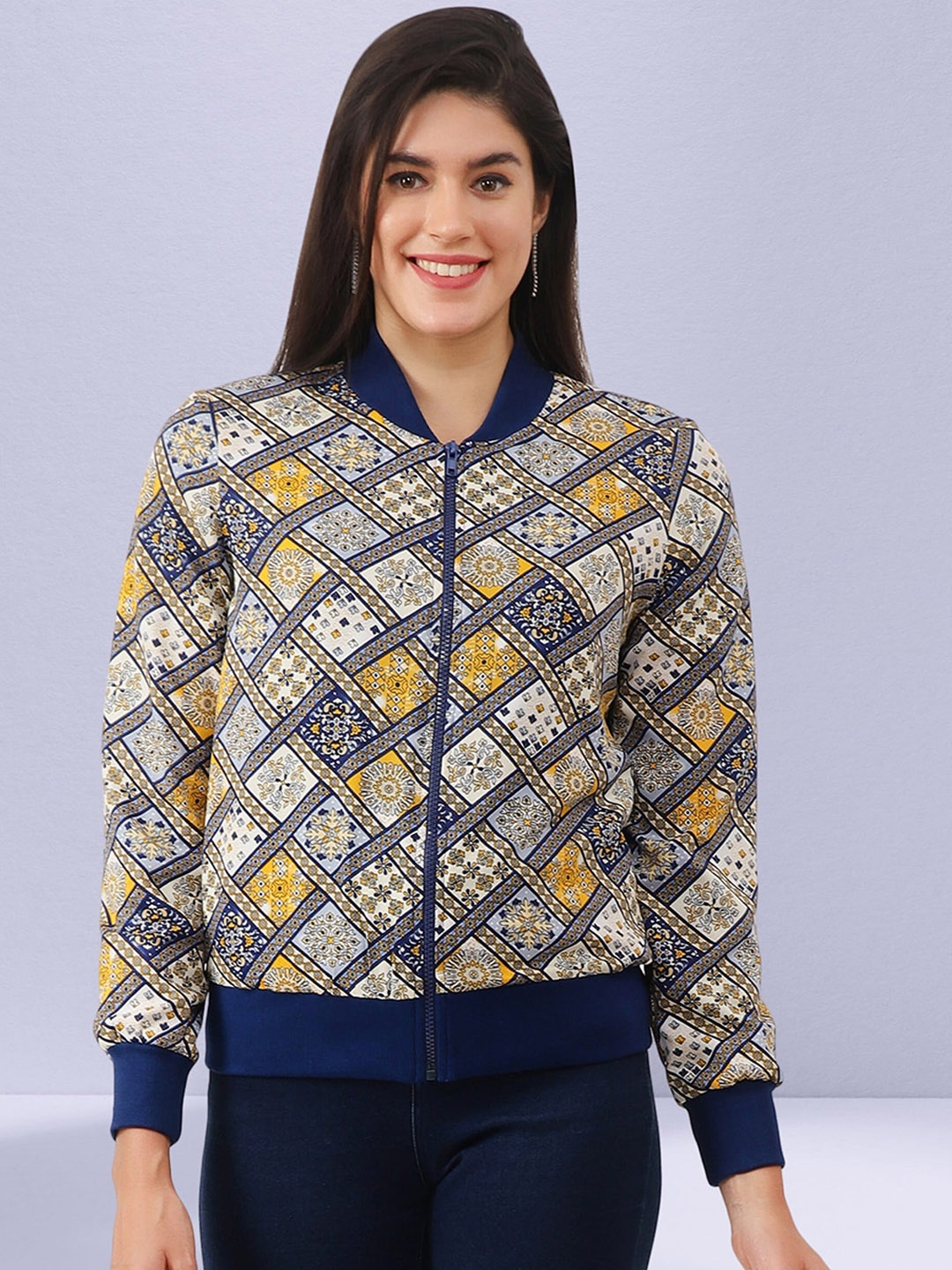 

NUEVOSDAMAS Floral Printed Bomber Jacket, Navy blue