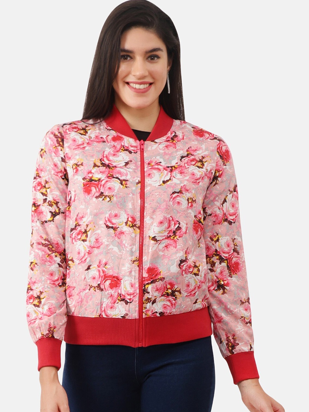 

NUEVOSDAMAS Floral Printed Stand Collar Bomber Jacket, Red