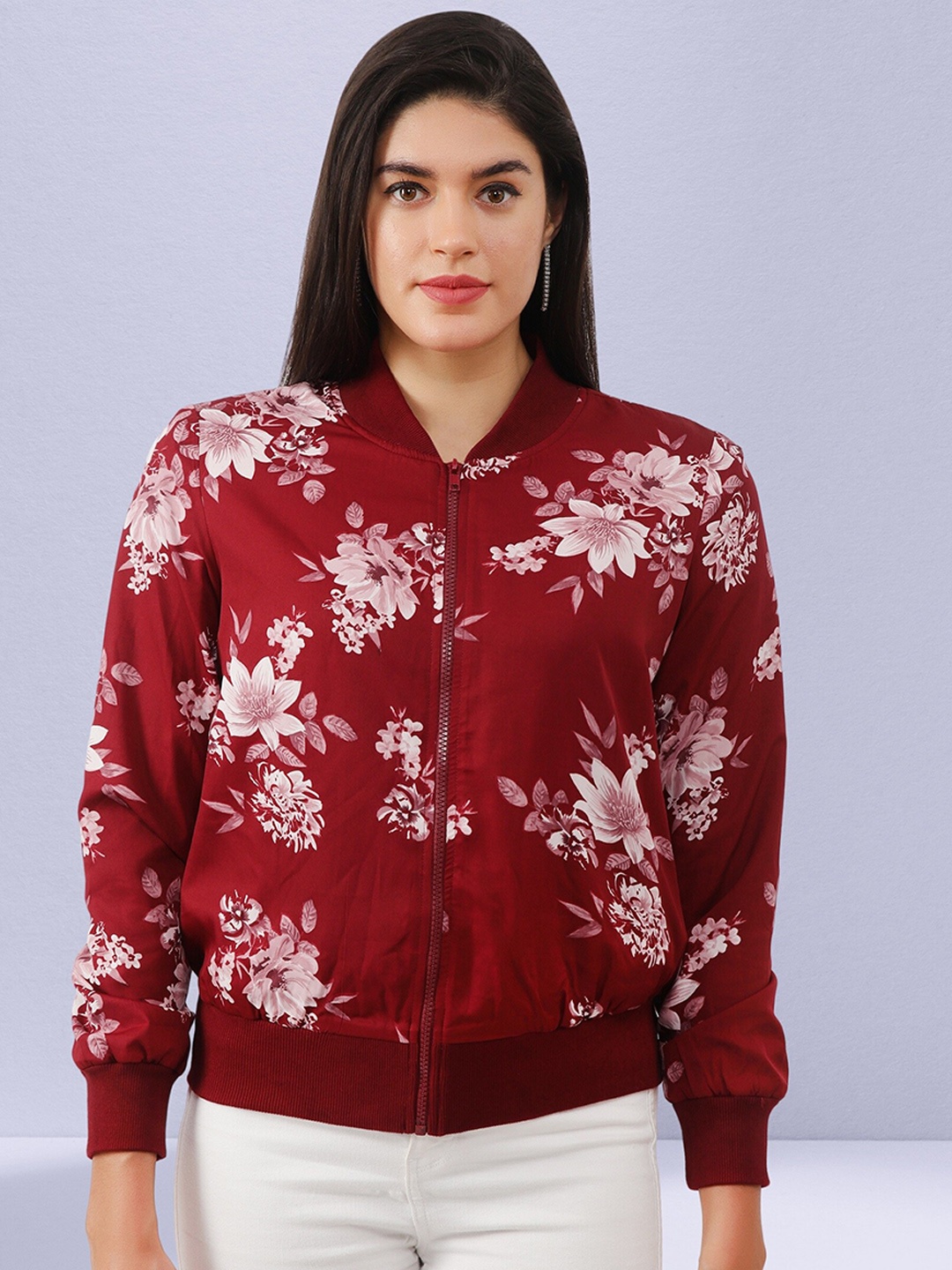 

NUEVOSDAMAS Floral Printed Stand Collar Bomber Jacket, Maroon