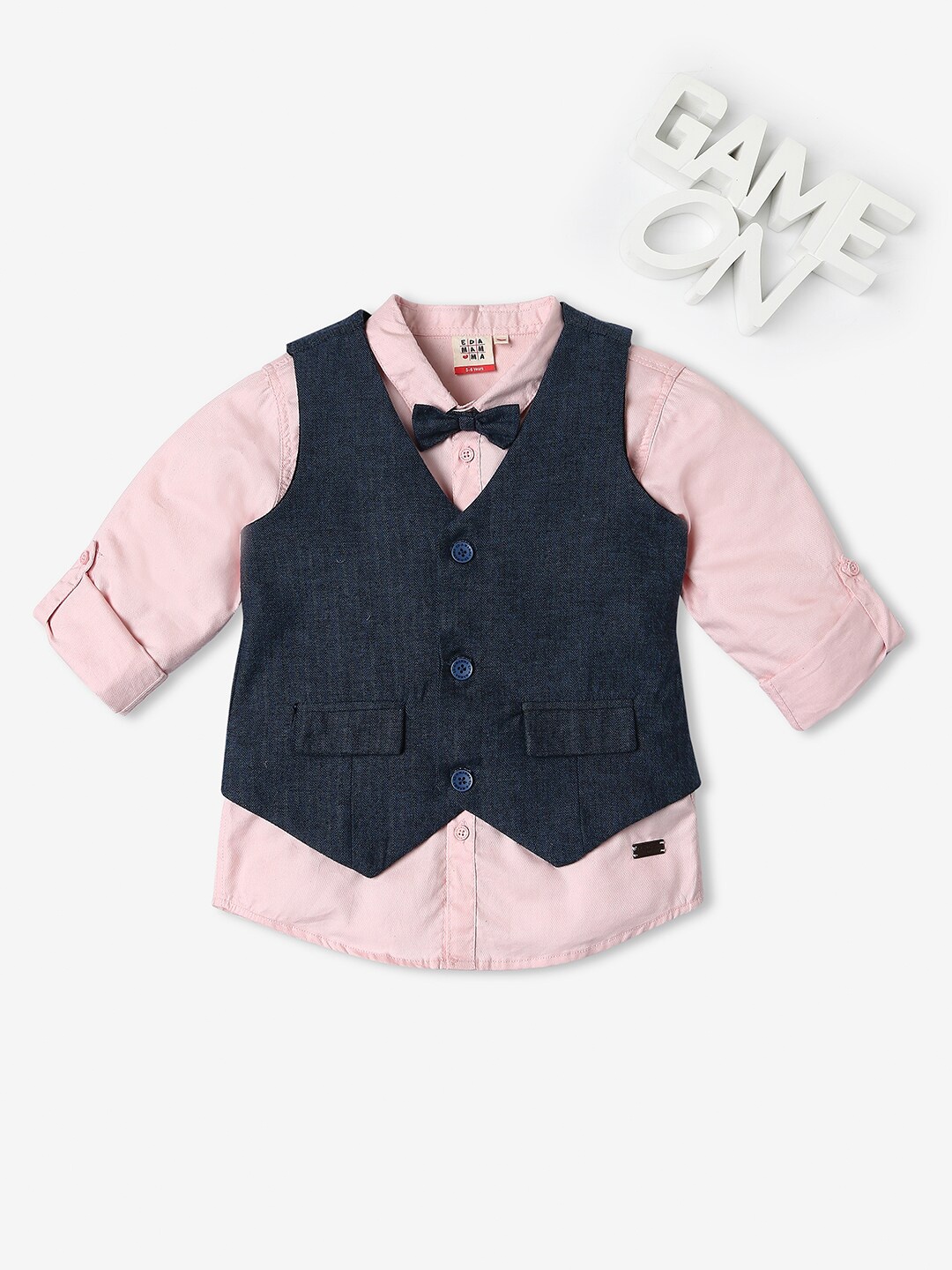 

Ed-a-Mamma Boys Pink Cotton Casual Shirt With Waist Coat