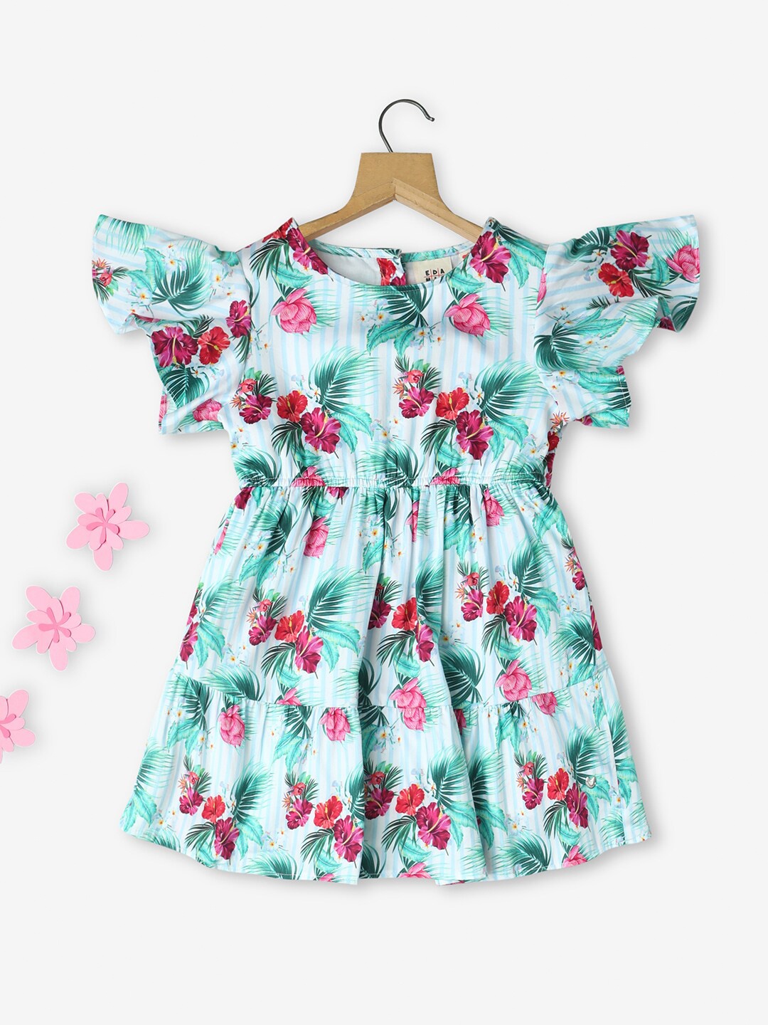 

Ed-a-Mamma Floral Printed Flutter Sleeve Fit & Flare Cotton Dress, White