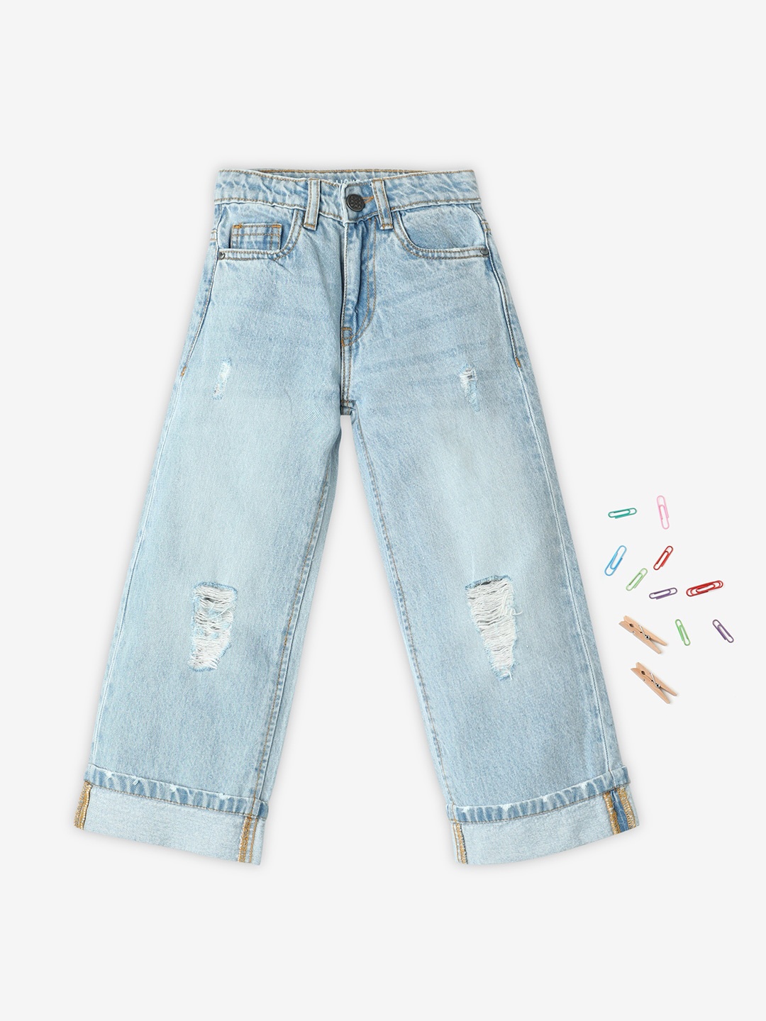 

Ed-a-Mamma Girls Straight Fit Mildly Distressed Light Fade Cotton Jeans, Blue