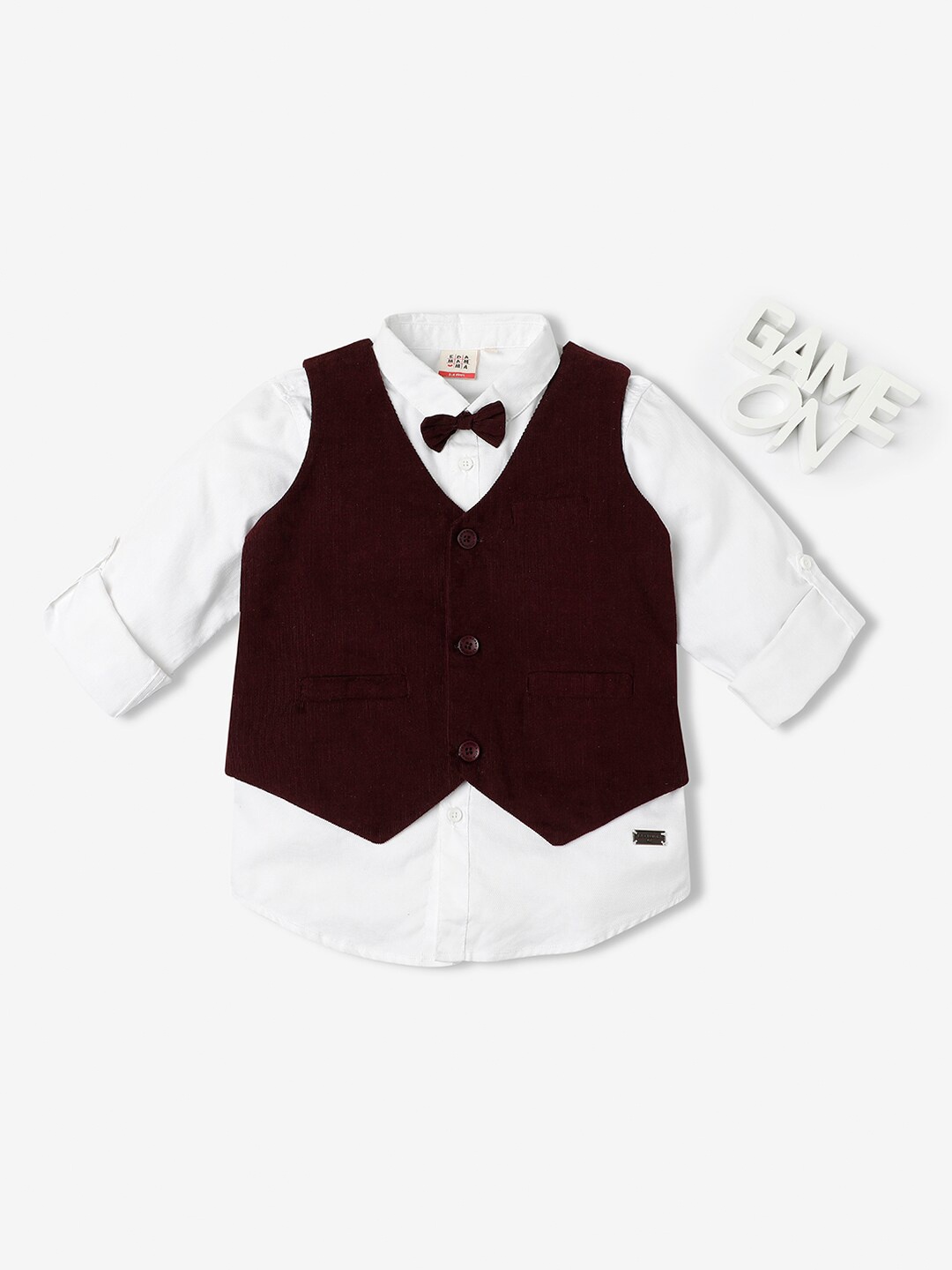 

Ed-a-Mamma Boys Spread Collar Cotton Casual Shirt And Waist Coat, White