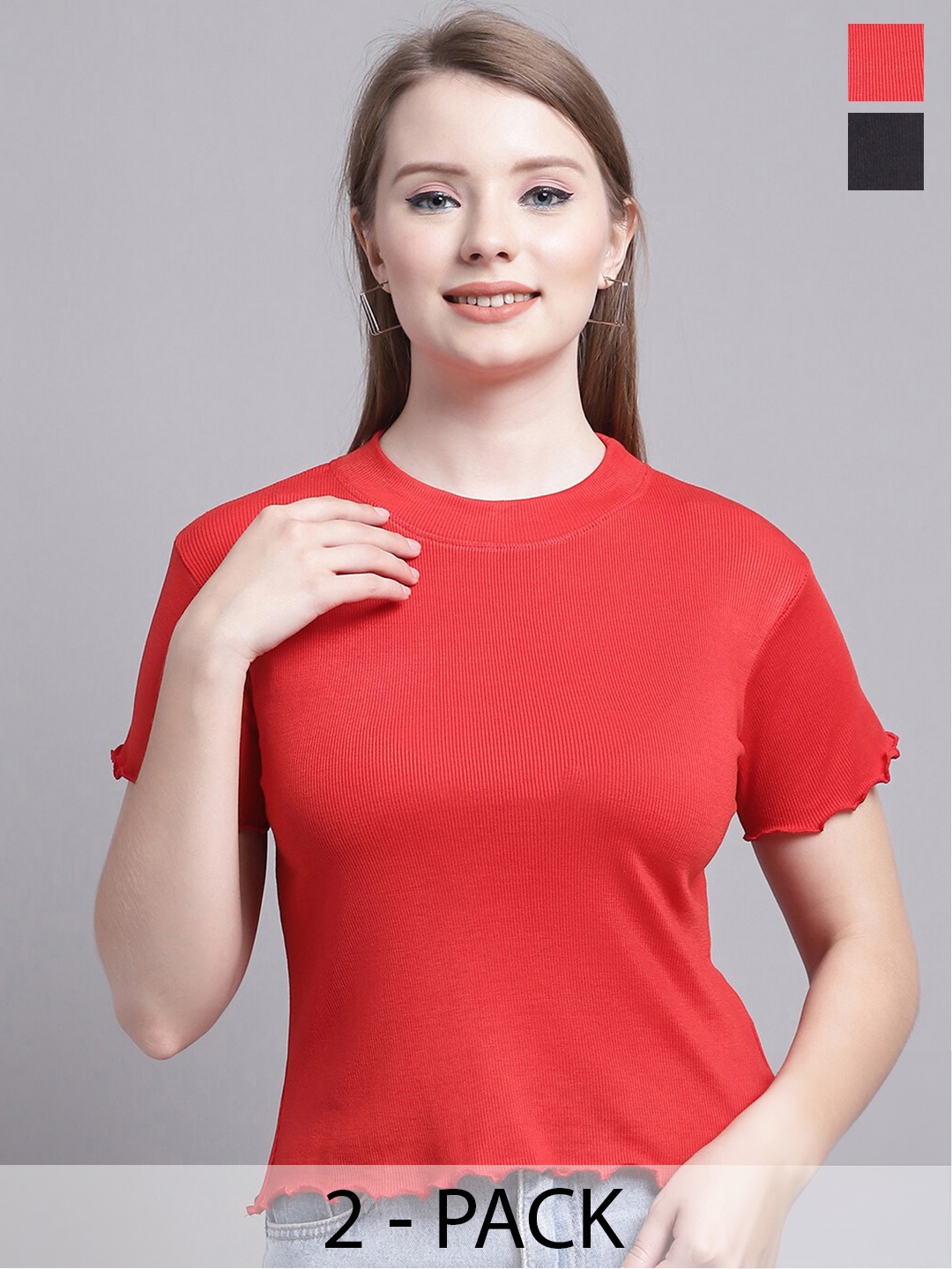 

GRACIT Pack Of 2 Round Neck Fitted Crop Top, Red
