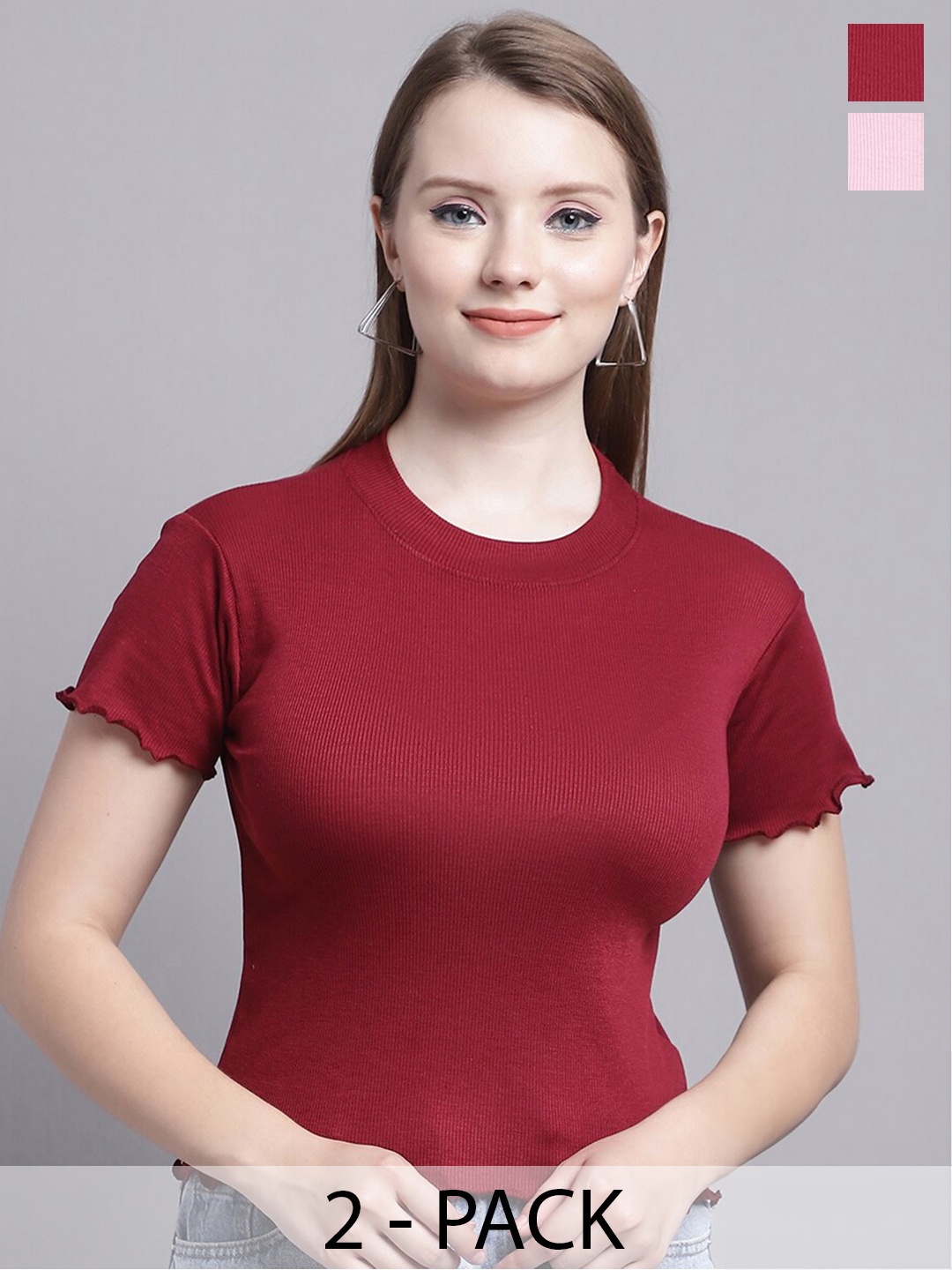 

GRACIT Pack Of 2 Round Neck Fitted Crop Top, Pink