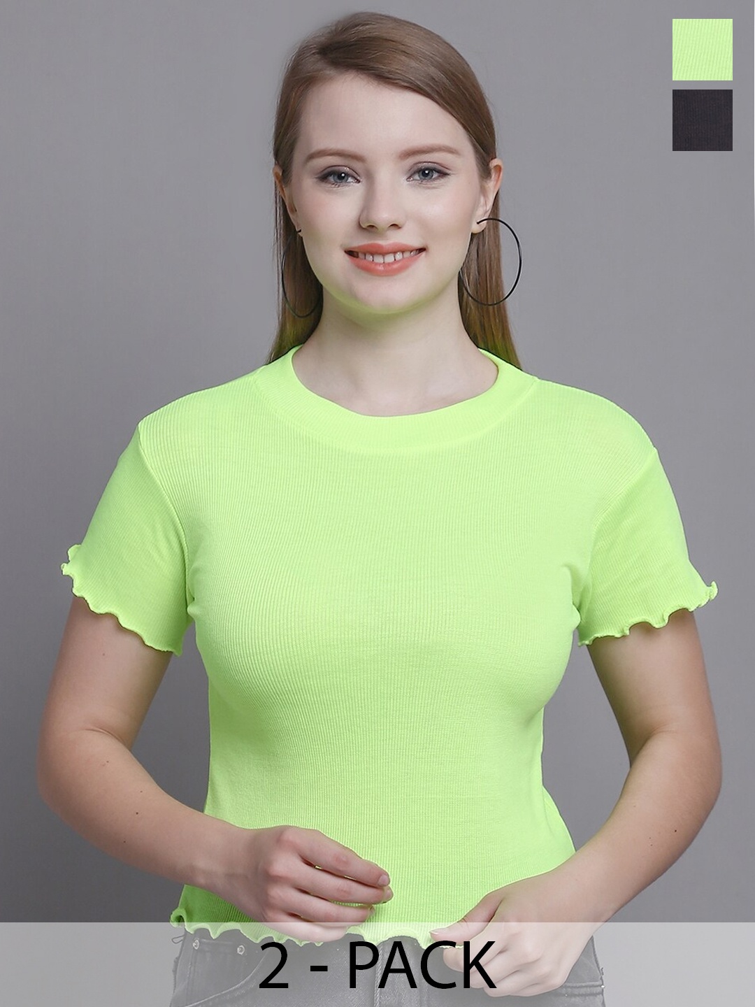 

GRACIT Pack Of 2 Round Neck Top, Lime green
