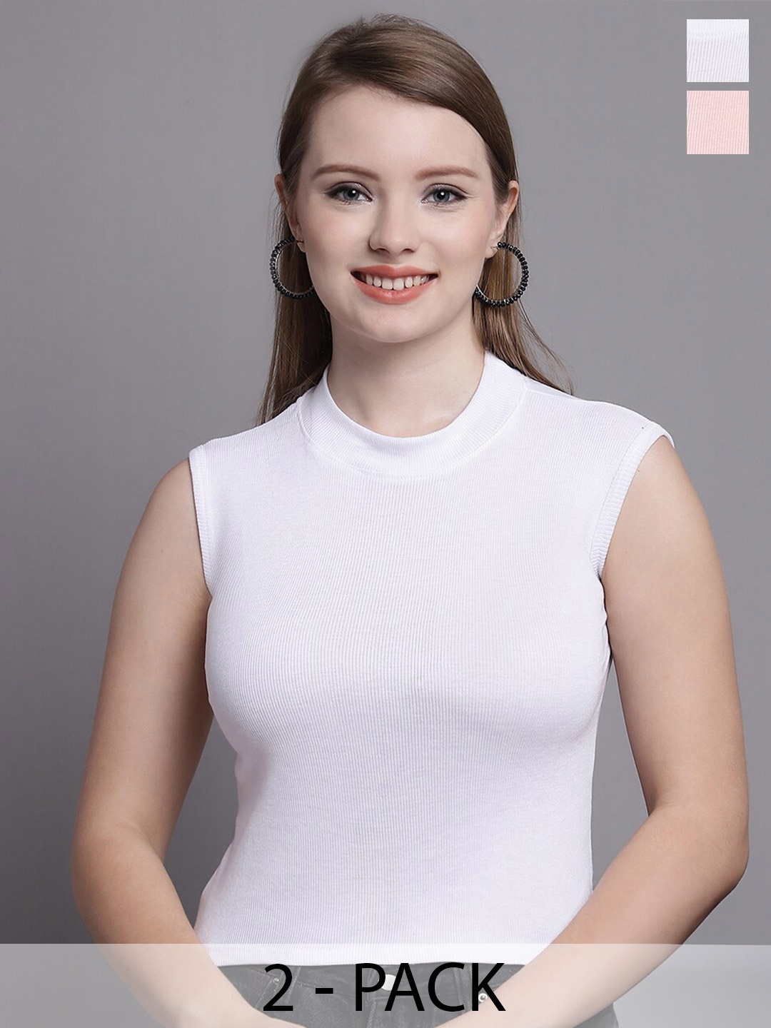 

GRACIT Pack Of 2 Round Neck Cotton Tops, White