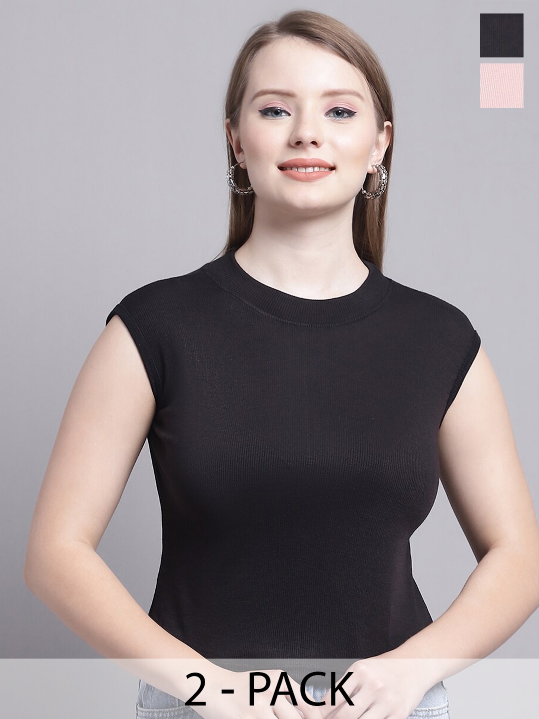 

GRACIT Pack Of 2 Round Neck Cotton Tops, Black