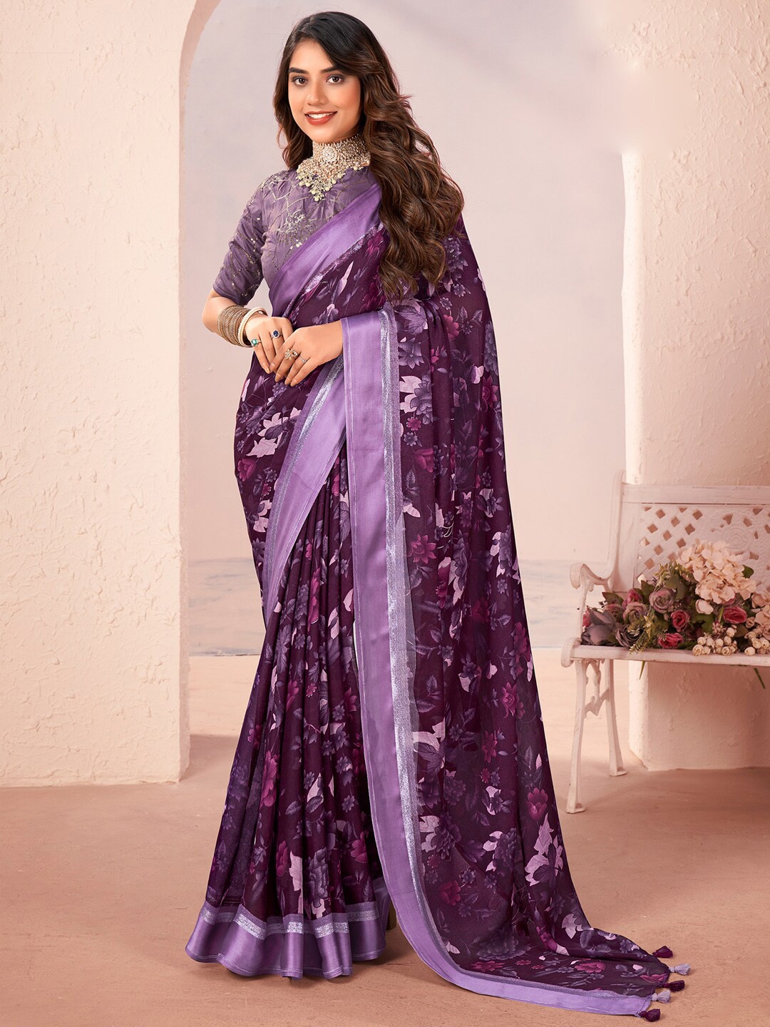 

Saree mall Purple & Silver-Toned Floral Pure Georgette Sarees