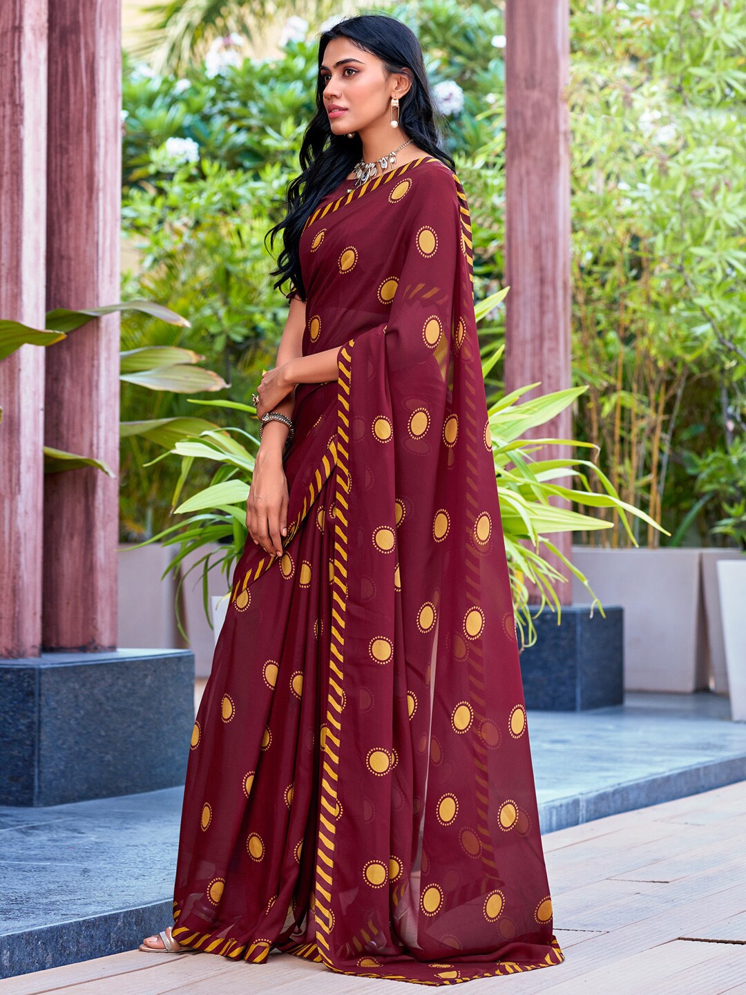 

Saree mall Burgundy & Mustard Geometric Printed Pure Georgette Sarees