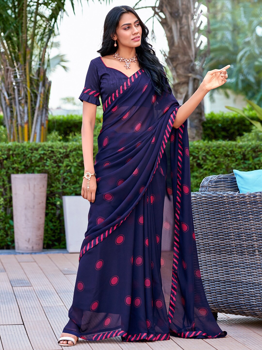 

Saree mall Geometric Printed Pure Georgette Sarees, Navy blue