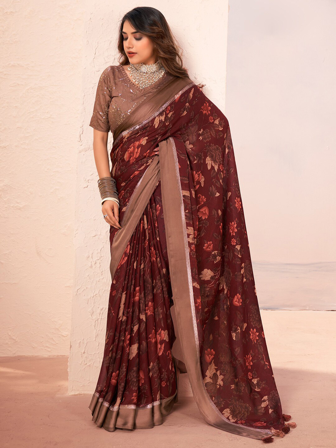 

Saree mall Floral Printed Zari Pure Georgette Sarees, Brown