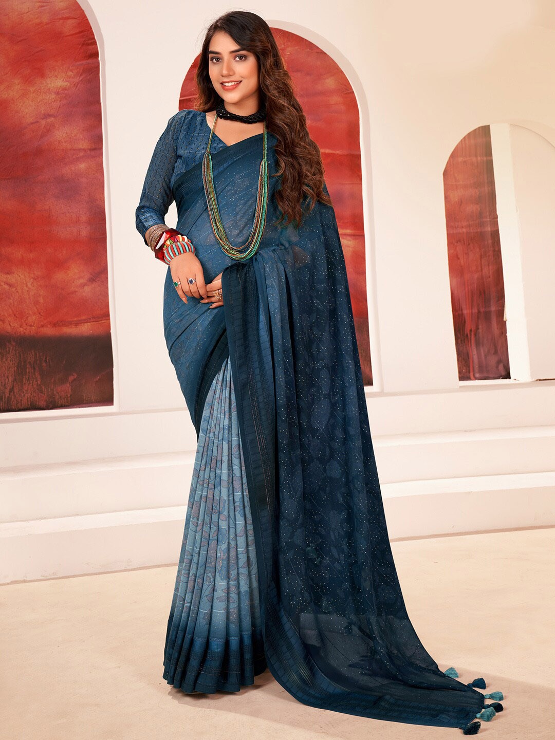 

Saree mall Green Floral Printed Beads and Stones Pure Georgette Sarees, Teal