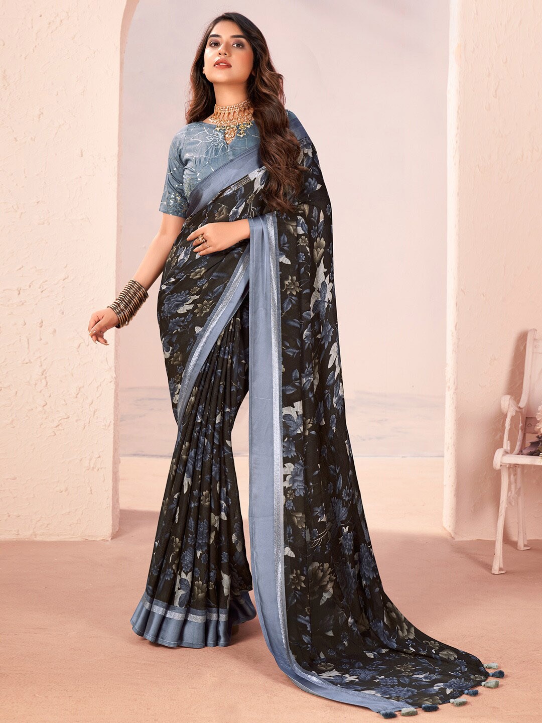 

Saree mall Floral Printed Zari Pure Georgette Sarees, Black
