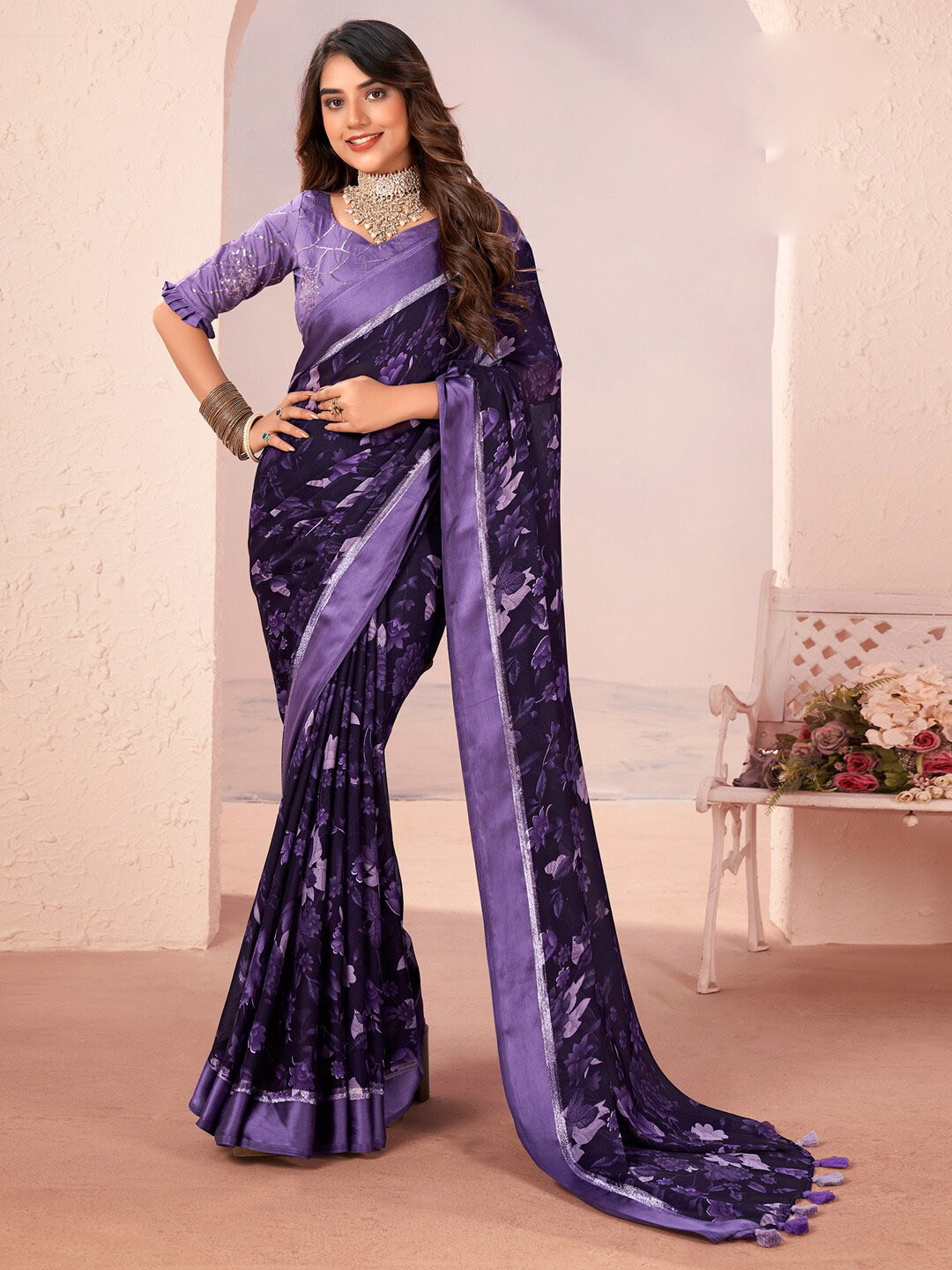 

Saree mall Floral Printed Pure Georgette Sarees, Purple