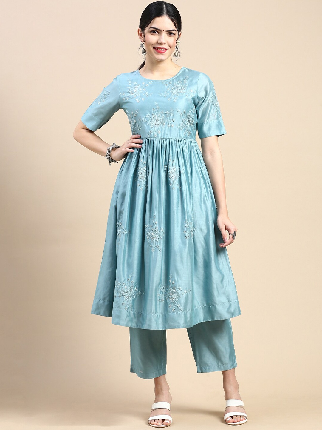 

Styli Blue Floral Embroidered Sequined Anarkali Kurta with Trousers