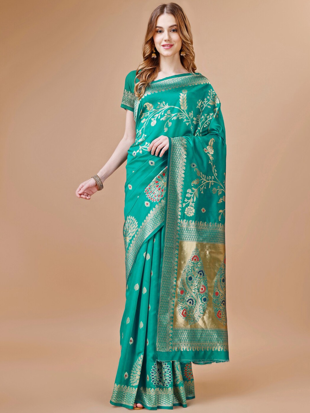 

MAGMINA Ethnic Motifs Woven Design Zari Banarasi Saree, Turquoise blue