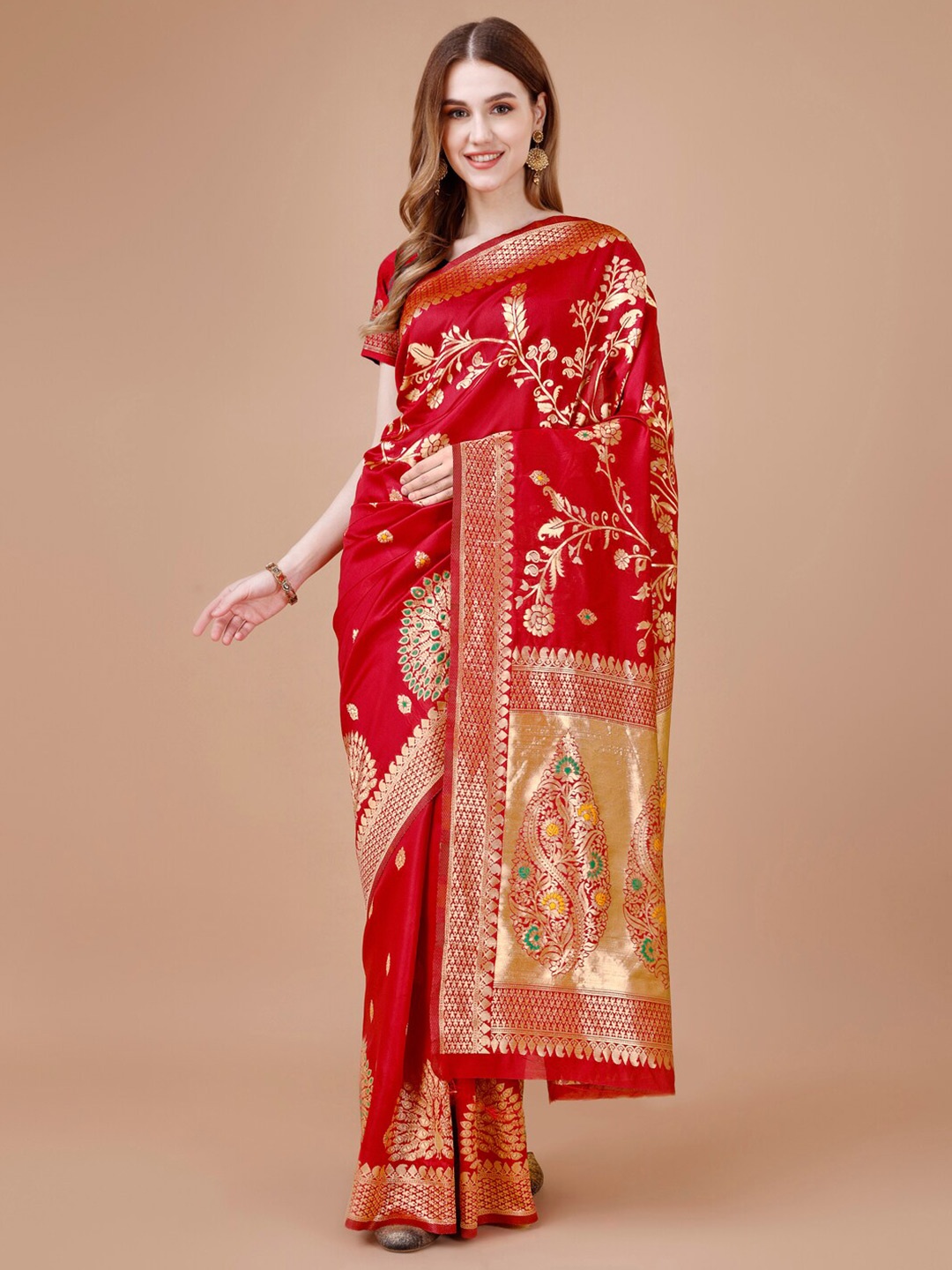 

MAGMINA Woven Design Zari Banarasi Saree, Red