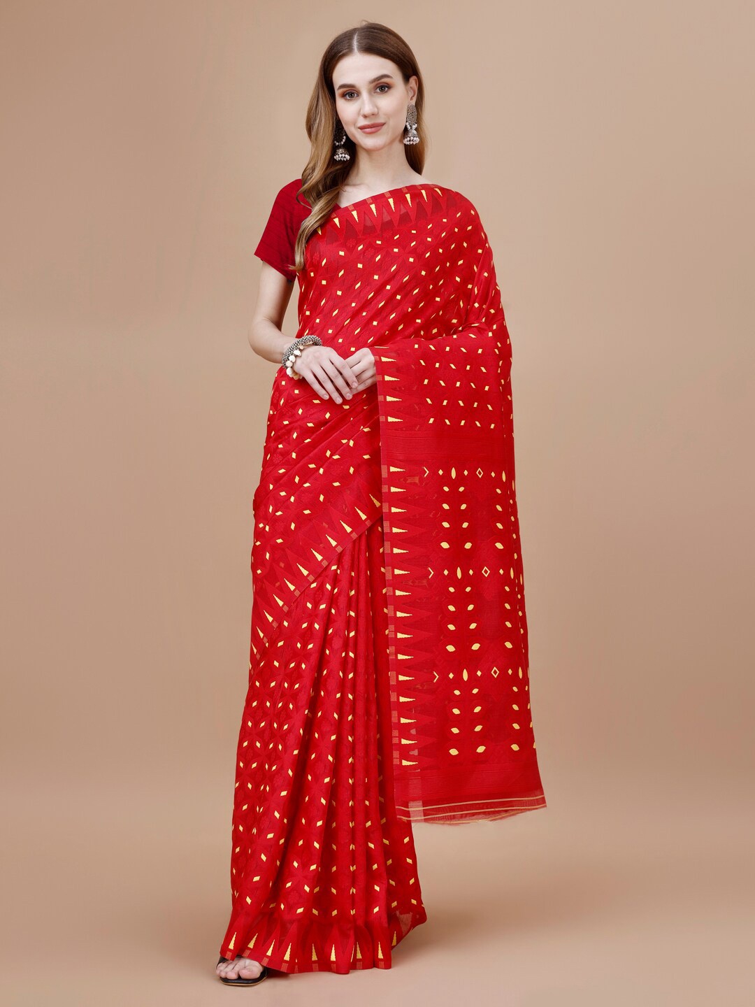 

MAGMINA Floral Printed Pure Cotton Banarasi Saree, Red