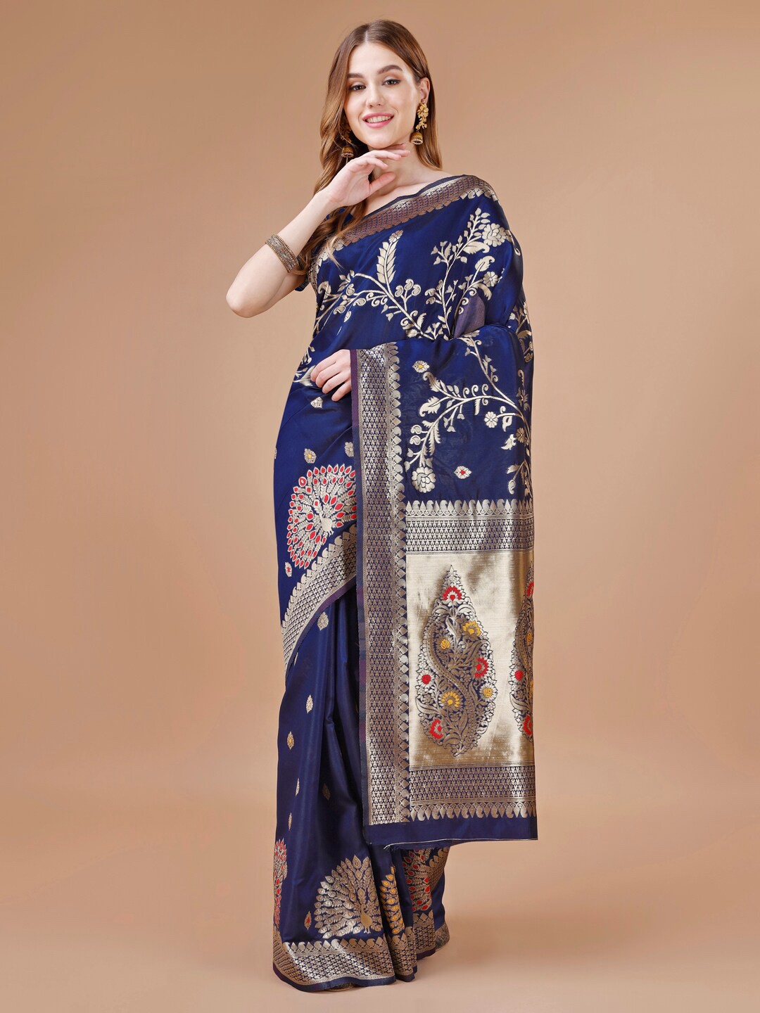 

MAGMINA Floral Woven Design Zari Banarasi Saree, Navy blue