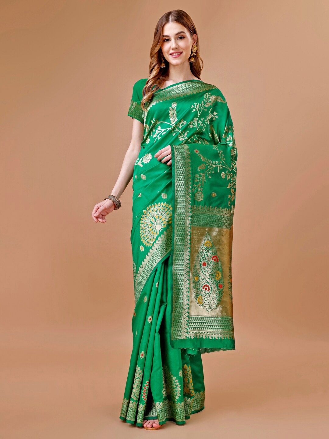

MAGMINA Ethnic Motifs Woven Design Zari Banarasi Saree, Green