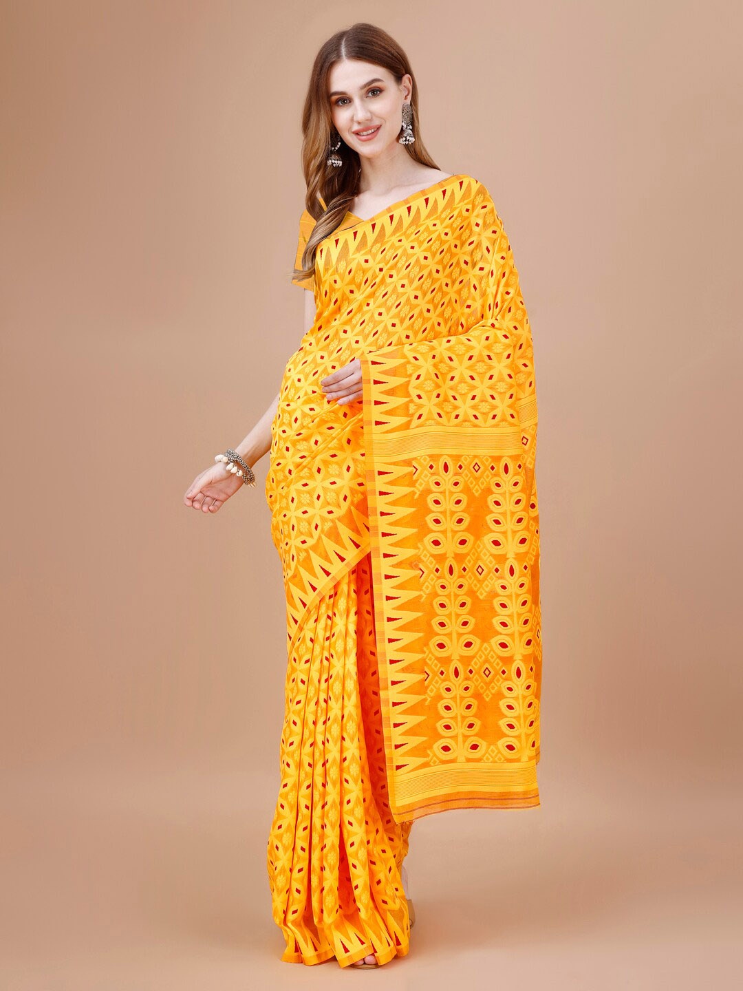 

MAGMINA Ethnic Motifs Printed Pure Cotton Banarasi Saree, Yellow