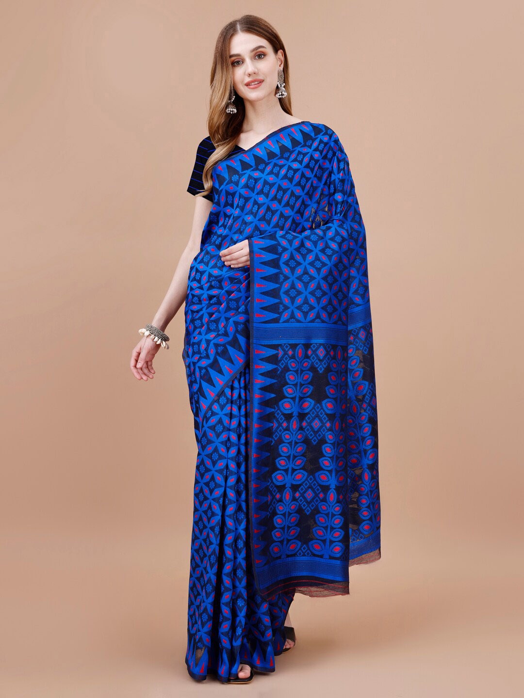 

MAGMINA Floral Printed Pure Cotton Banarasi Saree, Navy blue