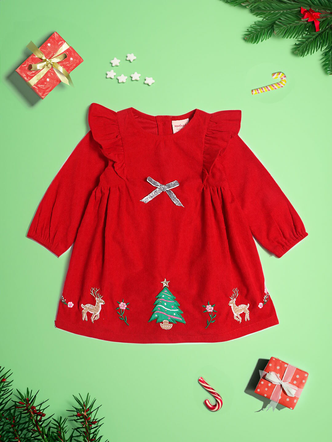 

Nauti Nati Girls Puff Sleeves Ruffled Corduroy A-Line Dress, Red