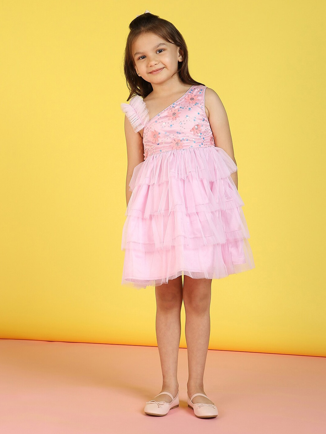 

Nauti Nati Girls Embellished One Shoulder Sequined Net Fit & Flare Dress, Pink