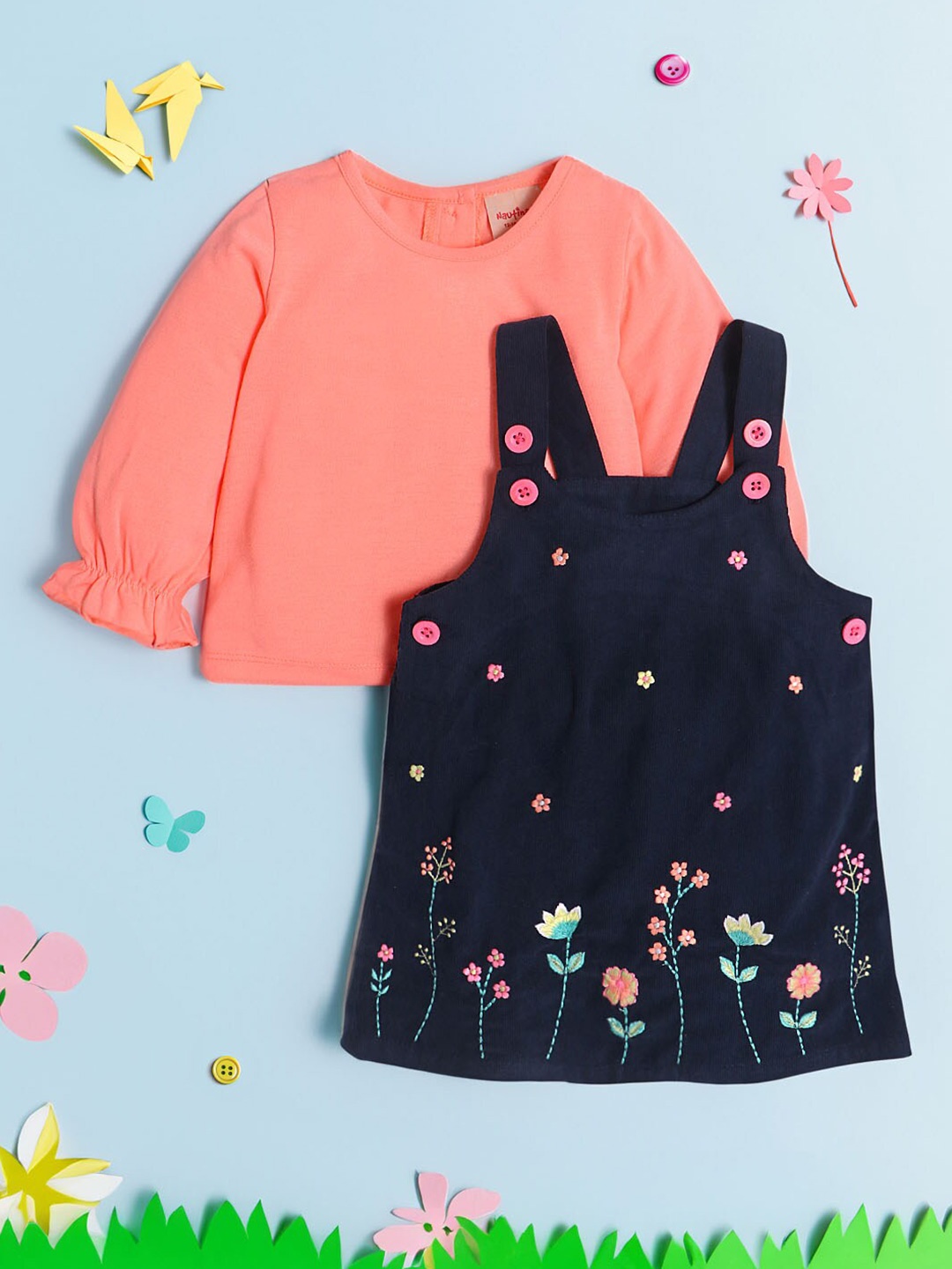 

Nauti Nati Girls Floral Embroidered Corduroy Pinafore Dress, Navy blue