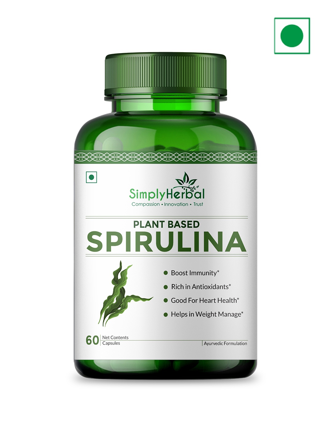 

Simply Herbal Spirulina Capsules To Boost Immunity & Heart Health - 60 Capsules, Green