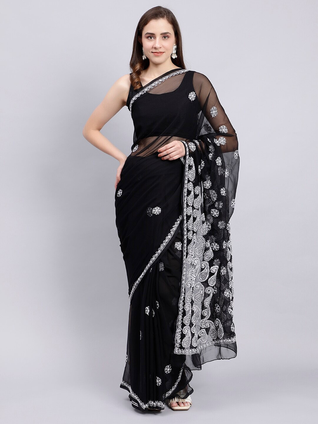 

Seva Chikan Floral Embroidered Lucknowi Chikankari Saree, Black