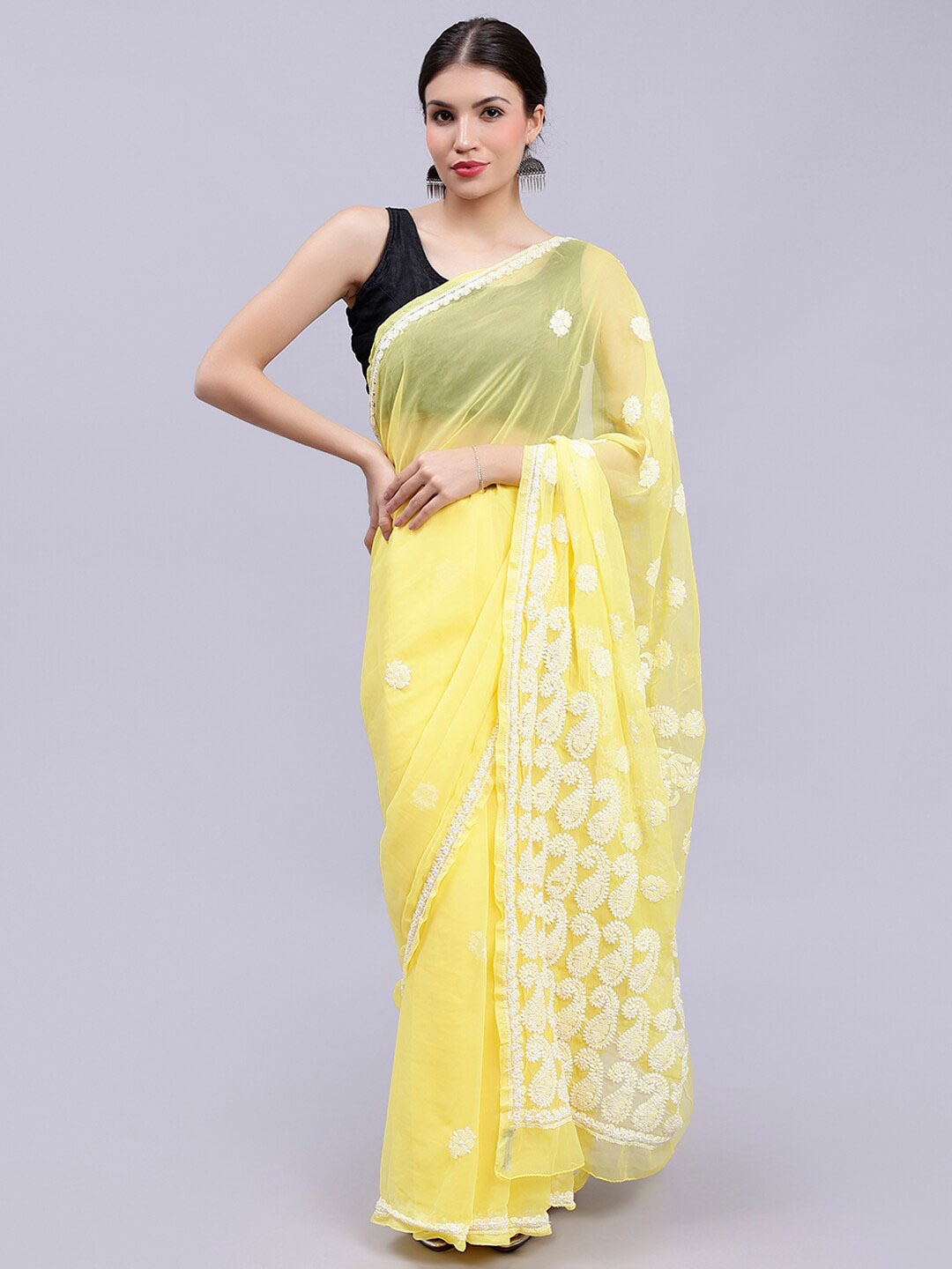 

Seva Chikan Floral Embroidered Lucknowi Chikankari Saree, Yellow