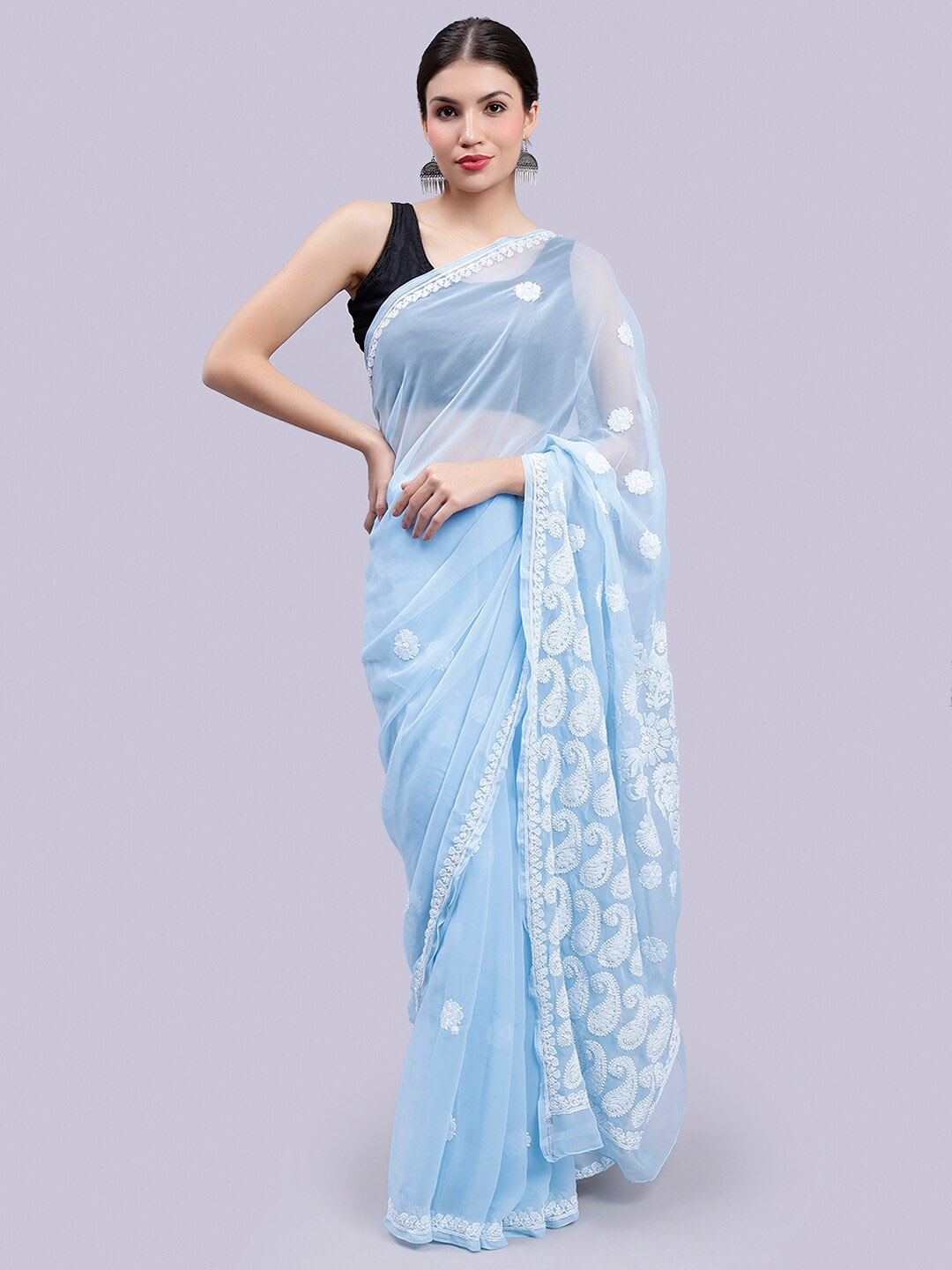

Seva Chikan Floral Embroidered Lucknowi Chikankari Saree, Blue